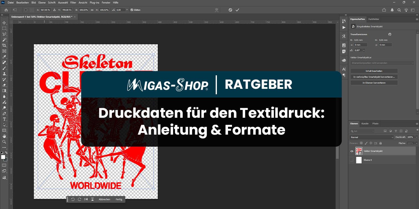 Geöffnete Photoshop Datei, welche bearbeitet wird, darüber Banner "Migas Shop Ratgeber - Druckdaten für den Textildruck: Anleitung und Formate"